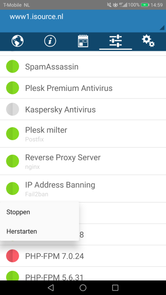 Plesk Mobile app services herstarten